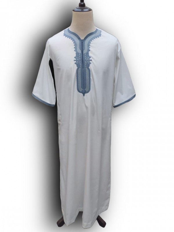 Cream Moroccan Thobe with Grey Embroidery