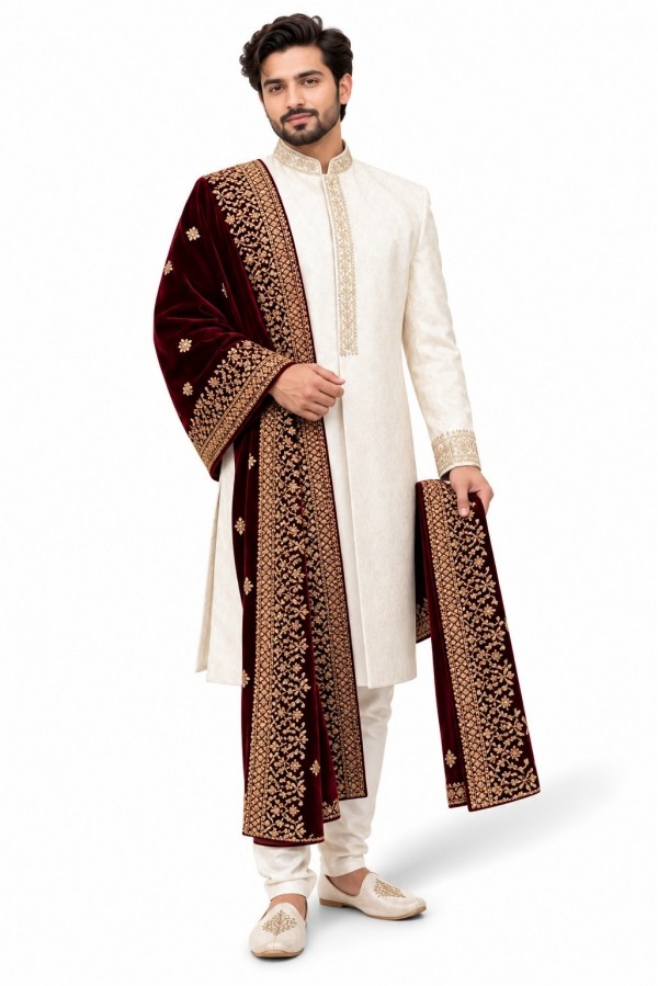 groom shawl in maroon colour
